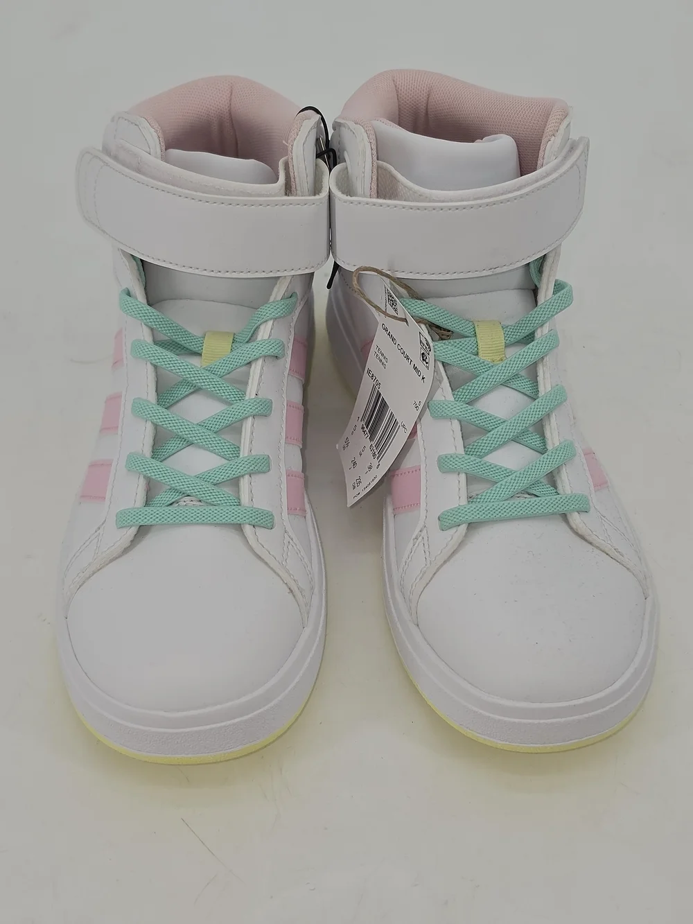 Adidas High-Top Sneakers in White with Pink Stripes and Mint Laces Y 5.5 W 7.5